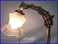 Vtg Art Deco Hook Bridge Arm Floor Lamp Agate Ruffled Shade Pull Chain