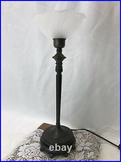 Vtg Art Deco Nouveau Torchiere Table Lamp Glass Shade Bronze Boudoir Bedside