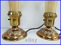Vtg Art Deco Set Brass Glass Lamps Trumpet Shade Boudoir Vanity Headboard