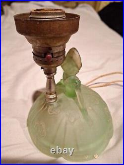 Vtg Art Deco Uranium Vaseline Satin Green Glass Figurine Lady Boudoir Table Lamp