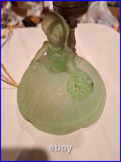 Vtg Art Deco Uranium Vaseline Satin Green Glass Figurine Lady Boudoir Table Lamp