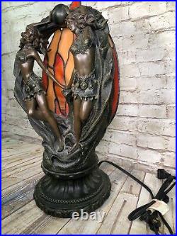 Vtg Art Deco art nuveau dancing ladys sculptor stained glass table lamp