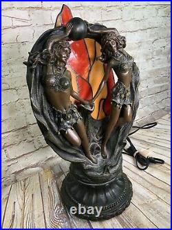 Vtg Art Deco art nuveau dancing ladys sculptor stained glass table lamp