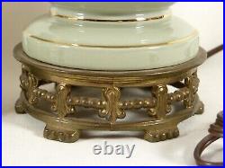 Vtg Asian Form Celadon Table Lamp Pair (Lenox) Glazed Gilt Trim Mid-Century