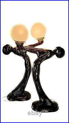 Vtg Ceramic Art Deco Nouveau Black & Gold Speckled White Globe Women Lady Lamps