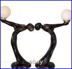 Vtg Ceramic Art Deco Nouveau Black & Gold Speckled White Globe Women Lady Lamps