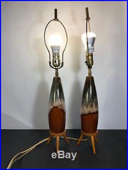 Vtg Ceramic Lamp Set of 2 with Wooden Tripod Legs Mid Century Modern Art Deco 25