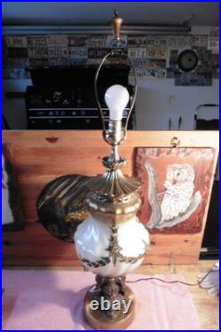 Vtg Falkenstein MCM Hollywood Regency Table Lamp Brass Cherub Opalescent Glass