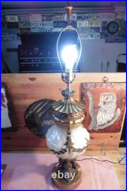 Vtg Falkenstein MCM Hollywood Regency Table Lamp Brass Cherub Opalescent Glass