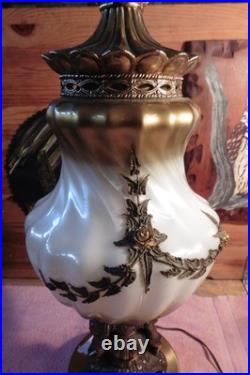 Vtg Falkenstein MCM Hollywood Regency Table Lamp Brass Cherub Opalescent Glass