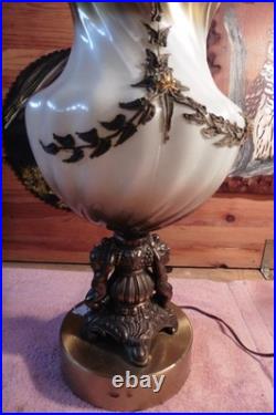 Vtg Falkenstein MCM Hollywood Regency Table Lamp Brass Cherub Opalescent Glass