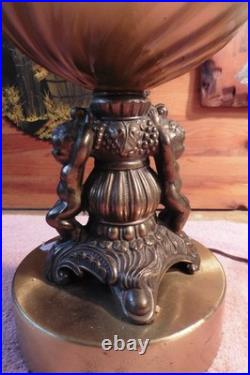 Vtg Falkenstein MCM Hollywood Regency Table Lamp Brass Cherub Opalescent Glass