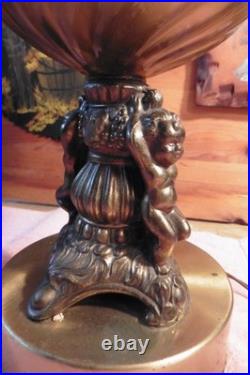 Vtg Falkenstein MCM Hollywood Regency Table Lamp Brass Cherub Opalescent Glass