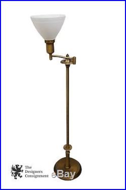 Vtg Heavy Brass Swing Arm Swivel Floor Lamp Milk Glass Shade Art Deco Read Light