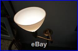 Vtg Heavy Brass Swing Arm Swivel Floor Lamp Milk Glass Shade Art Deco Read Light