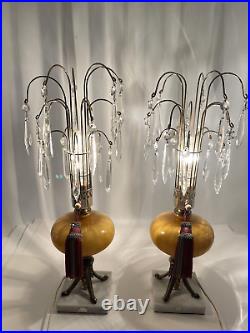 Vtg Hollywood Regency Waterfall Lamps Crystal Prisms Art Deco Butterscotch Pair