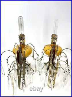 Vtg Hollywood Regency Waterfall Lamps Crystal Prisms Art Deco Butterscotch Pair