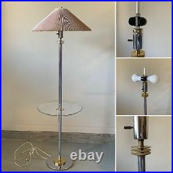 Vtg MCM Brass & Chrome Glass Table Floor Lamp 59 Tall Art Deco with Lamp Shade
