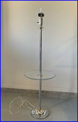 Vtg MCM Brass & Chrome Glass Table Floor Lamp 59 Tall Art Deco with Lamp Shade