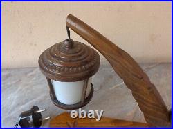 Vtg Old Rare Art Deco Carved Wood Smoking Pipe Tobacco Match Holder Desk Lamp