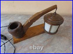 Vtg Old Rare Art Deco Carved Wood Smoking Pipe Tobacco Match Holder Desk Lamp