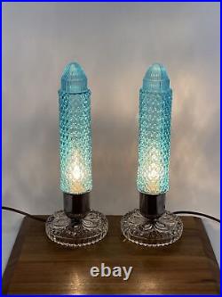 Vtg Pair 2 Art Deco Skyscraper Bedside Boudoir Table Lamps Turquoise Blue Glass