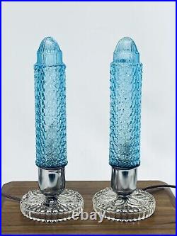 Vtg Pair 2 Art Deco Skyscraper Bedside Boudoir Table Lamps Turquoise Blue Glass
