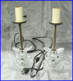 Vtg Pair of Art Deco Clear Feather or Leaves Glass Electric Lamp Table Bedroom