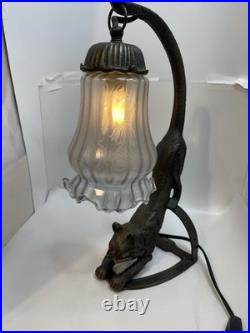 Vtg RARE RED EYES Heavy Cast Iron Bronze Signed F/T Cat Lamp withGlass Shade 5001