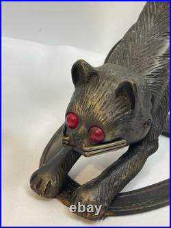 Vtg RARE RED EYES Heavy Cast Iron Bronze Signed F/T Cat Lamp withGlass Shade 5001
