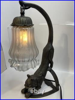 Vtg RARE RED EYES Heavy Cast Iron Bronze Signed F/T Cat Lamp withGlass Shade 5001
