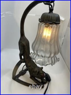 Vtg RARE RED EYES Heavy Cast Iron Bronze Signed F/T Cat Lamp withGlass Shade 5001