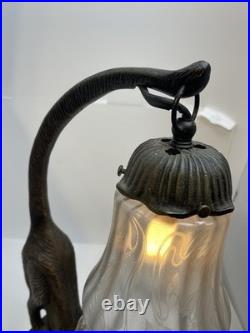 Vtg RARE RED EYES Heavy Cast Iron Bronze Signed F/T Cat Lamp withGlass Shade 5001