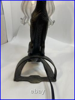 Vtg RARE RED EYES Heavy Cast Iron Bronze Signed F/T Cat Lamp withGlass Shade 5001