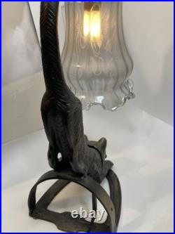 Vtg RARE RED EYES Heavy Cast Iron Bronze Signed F/T Cat Lamp withGlass Shade 5001