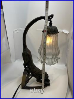 Vtg RARE RED EYES Heavy Cast Iron Bronze Signed F/T Cat Lamp withGlass Shade 5001