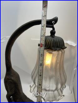 Vtg RARE RED EYES Heavy Cast Iron Bronze Signed F/T Cat Lamp withGlass Shade 5001