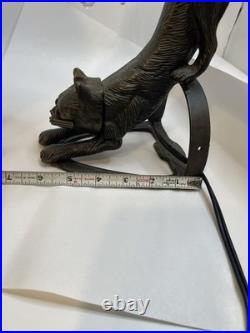 Vtg RARE RED EYES Heavy Cast Iron Bronze Signed F/T Cat Lamp withGlass Shade 5001