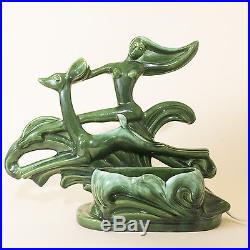 Vtg Royal Haeger Ceramic TV Lamp Nude Woman Deer Fawn Vase Art Deco Green Rare