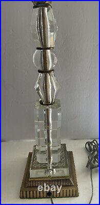 Vtg Stacked Glass Table Lamp 20 Tall Gilt Base Art Deco Hollywood Regency MCM