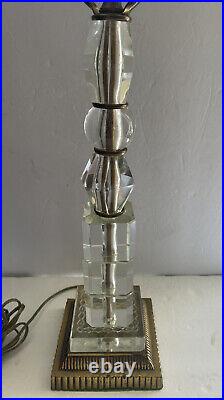 Vtg Stacked Glass Table Lamp 20 Tall Gilt Base Art Deco Hollywood Regency MCM