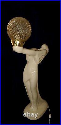 Vtg White Art Deco Nouveau Lady Women Lamp With Hobnail Swirl Glass Globe 32.5