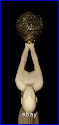 Vtg White Art Deco Nouveau Lady Women Lamp With Hobnail Swirl Glass Globe 32.5