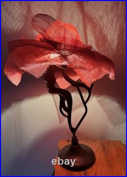 Vtg Woman Lady Profile Metal Lamp Mesh Pink Hat Shaped Shade 22 Tall Art Deco