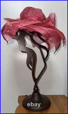 Vtg Woman Lady Profile Metal Lamp Mesh Pink Hat Shaped Shade 22 Tall Art Deco