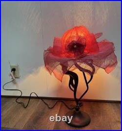 Vtg Woman Lady Profile Metal Lamp Mesh Pink Hat Shaped Shade 22 Tall Art Deco