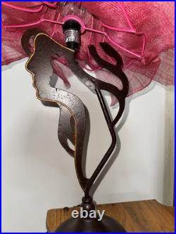 Vtg Woman Lady Profile Metal Lamp Mesh Pink Hat Shaped Shade 22 Tall Art Deco