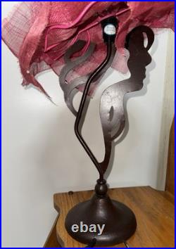 Vtg Woman Lady Profile Metal Lamp Mesh Pink Hat Shaped Shade 22 Tall Art Deco