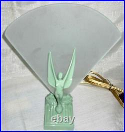 Waldorf Astoria Art Deco Nymph with Wings Lamp greenie metal witha glass Fan USA