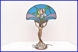 Winged Victory Art Deco CHANDLER II Nude + stained glass fan Boudoir Table Lamp
